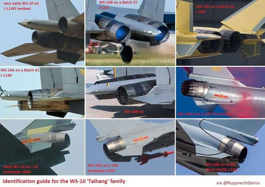 Diferentes versões dos motores WS-10 Taihang, da China.